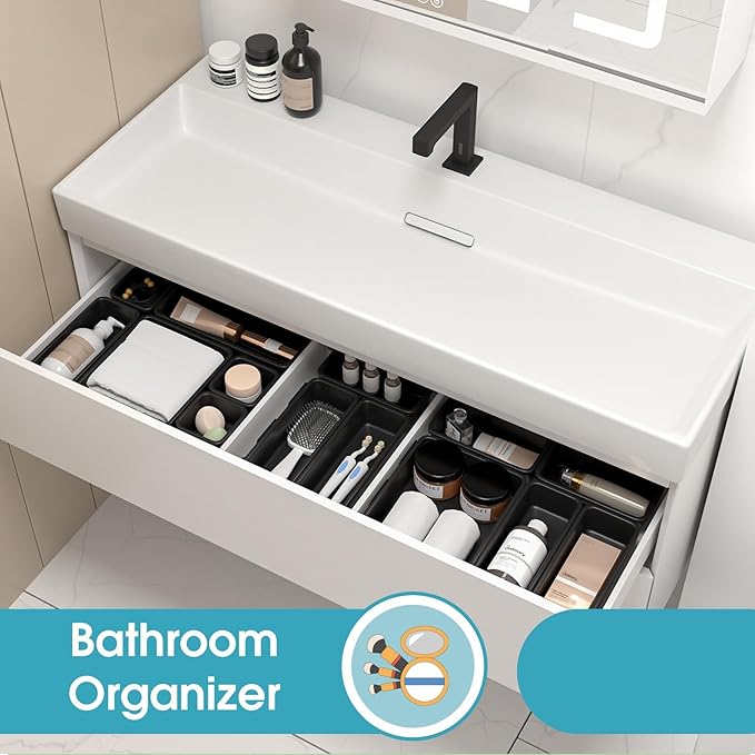 16 PCS Drawer Organizer Set, 4 Size Makeup Drawer Divider Organizer With Non-Slip Pads, Interlocking Plastic Storage Bins for Office,Jewelry Vanity,Gadgets, Bathroom,Kitchen, Black