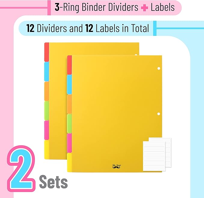 Mr. Pen- Binder Dividers - 6 Tab Dividers, Pack of 2 Sets (12 Dividers Total) for 3 Ring Binder