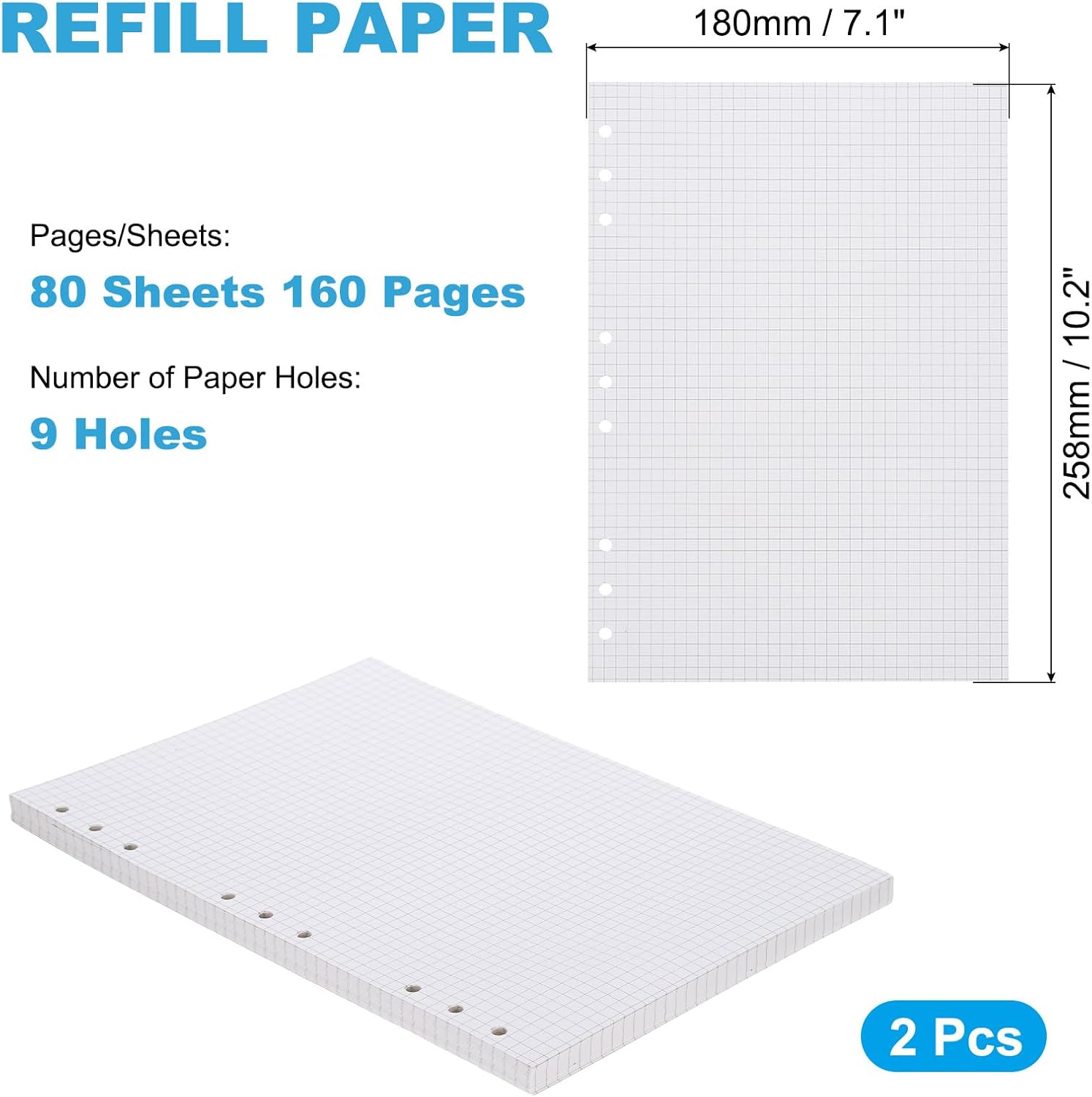 PATIKIL Grid Refill Paper 9-Ring Binder Loose Leaf Planner Filler Paper Planner Inserts, 160 Sheets/320 Pages, Lined