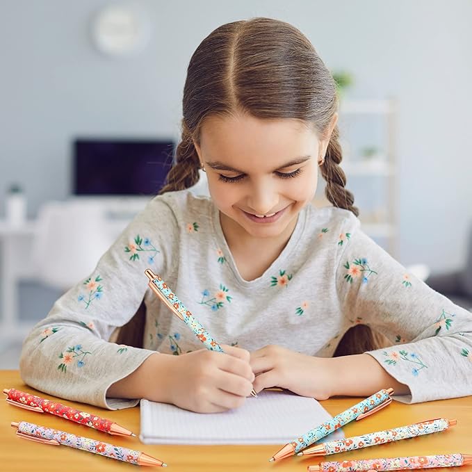 Glenmal 24 Pcs Flower Pens for Women Floral Ballpoints Pretty Fancy Pens Retro Floral Cute Ballpoints Black Ink Metal Retractable Writing Journaling Gifts for Office Supplies