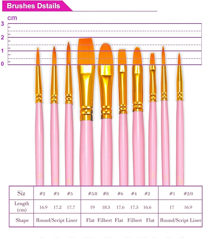 BOSOBO Paint Brushes Set, 2 Pack 20 Pcs Round Pointed Tip Nylon Hair Artist Acrylic Paint Brushes for Acrylic Oil Watercolor, Face Nail Art, Miniature Detailing & Rock Painting, Pink
