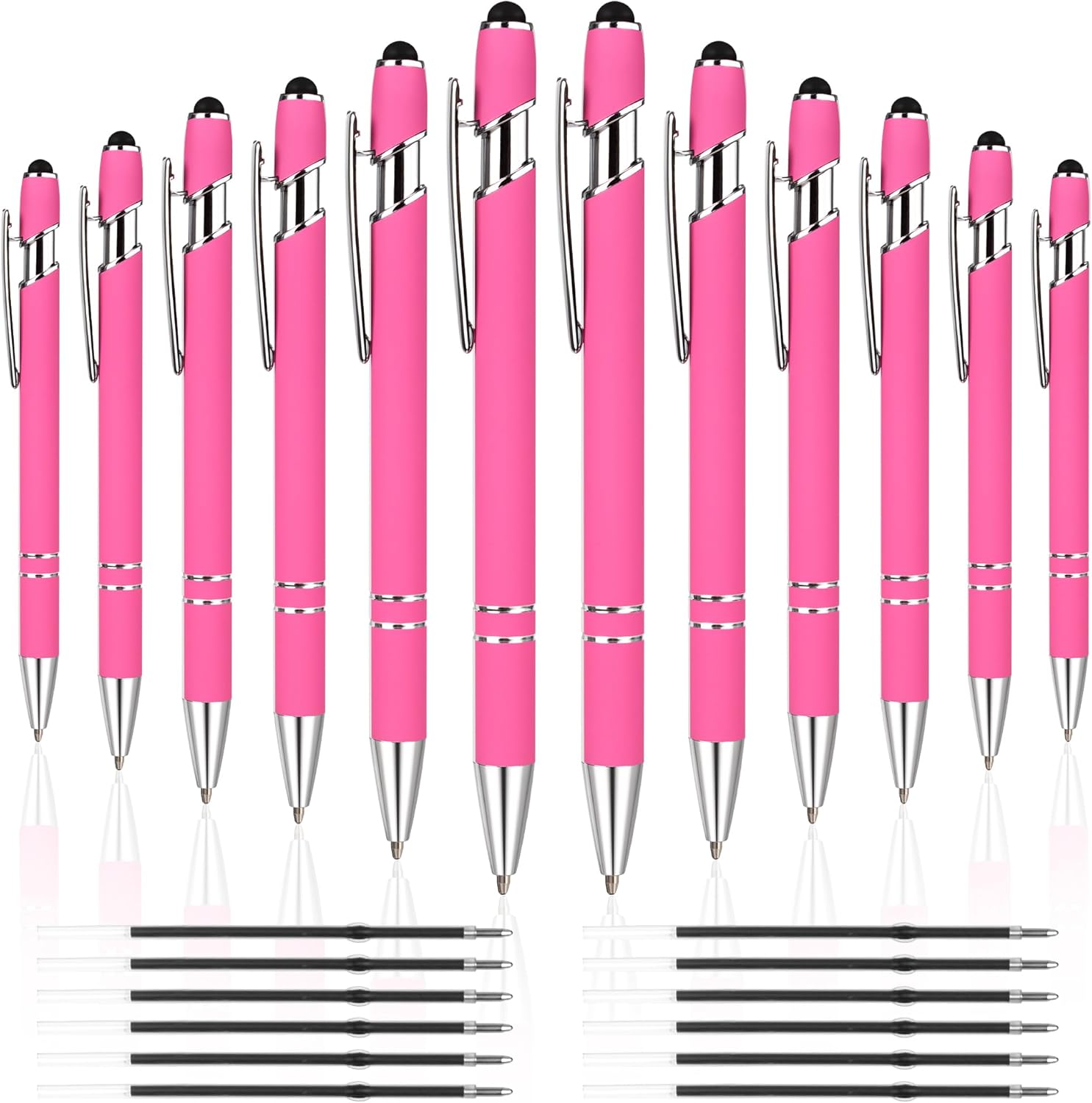 12 PCS 2 in 1 Stylus Ballpoint Pen with Stylus Tip, 1.0 mm Black Ink Metal Pen Stylus Pen for Touch Screens (Silver & Pink)