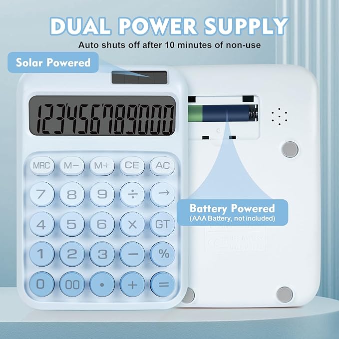 Mechanical Switch Calculator with Big Buttons, Calculators Desktop, 12 Digits, Solar Battery Power, Desk Calculator, Large LCD Display, Cute Blue Calculator for Teachers Students Basic Office