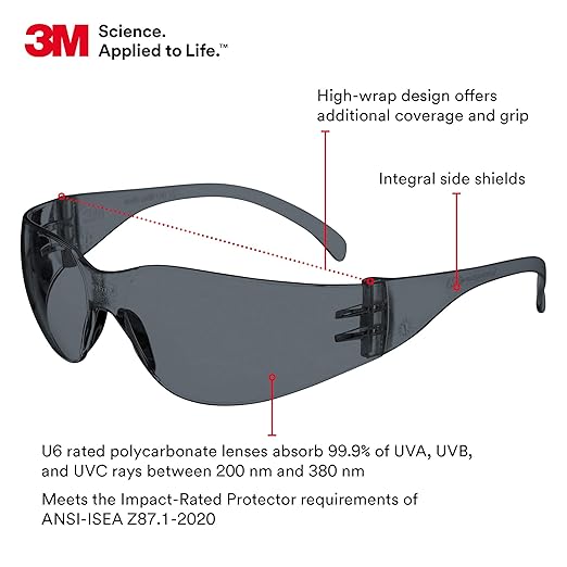 3M Safety Glasses, Virtua, 20 Pack, ANSI Z87, Unisex, Anti-Fog Gray Lens, Gray Frame, Economical Eye Protection, Lightweight, Wraparound Coverage, UVA, UVB, UVC
