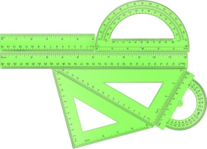 Tenare 6 Pcs Plastic Ruler Math Set Includes 12 Inch 6 Inch Straight Ruler Protractor Triangle Rulers Geometry Transparent Math Ruler Measuring Tools for School Office Home(Green)