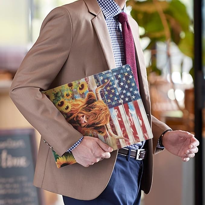 Office Folder American Flag Sunflower Cow Print PU Leather Padfolio with A4 Size Clipboard Clip for Business Resume Interview Document Sleeve Binder Folder