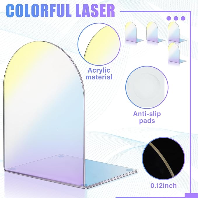 Harloon 4 Pcs Acrylic Book Ends for Shelves Plastic Arch Clear Non Skid Heavy Duty Bookends Desktop Organizer l Dividers Book Stopper for Office(Laser Color)