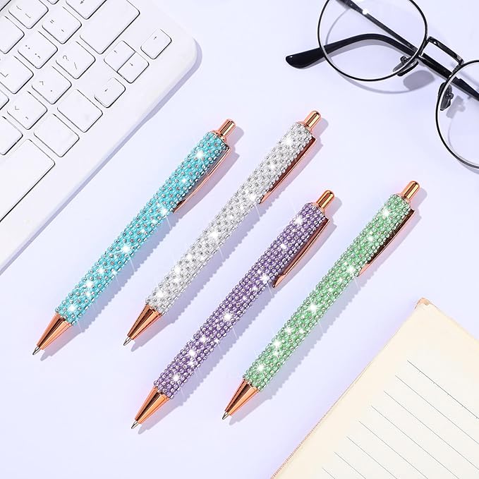 Ireer 4 Pcs Bling Rhinestone Sparkly Pens for Women Diamond Ink Crystal Glitter Metal Ballpoint Bedazzled Fancy Pens 4 Pcs 1.0mm Refills(Purple,Green,Blue,White)