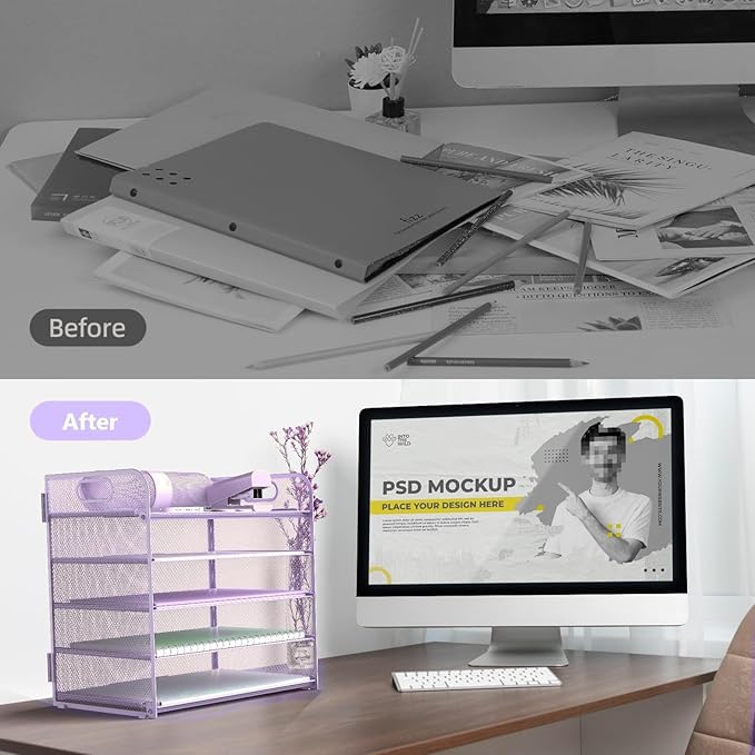 Letter Tray Paper Organizer 5-Tier Desk Organizer File Organizer Paper Holder with Handle, Metal Desktop Document Shelf Tray Office Classroom Organization - Purple