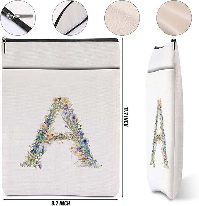Monogrammed Book Sleeve Floral A Initial Book Pouch Book Accessories Book Lovers Gifts Waterproof Book Cover Book Protector Bookish Gifts Personalized Gifts for Women Girls Readers Bride Sister