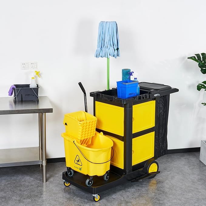 Restaurantware-Clean Tek Professional 3-Shelf Janitor Cart with Wheels, 1 Cleaning Trolley with Cover and 21 Gallon Bag - Includes 1 Double Locking Cabinet, Heavy-Duty, Gray Plastic Janitorial Cart