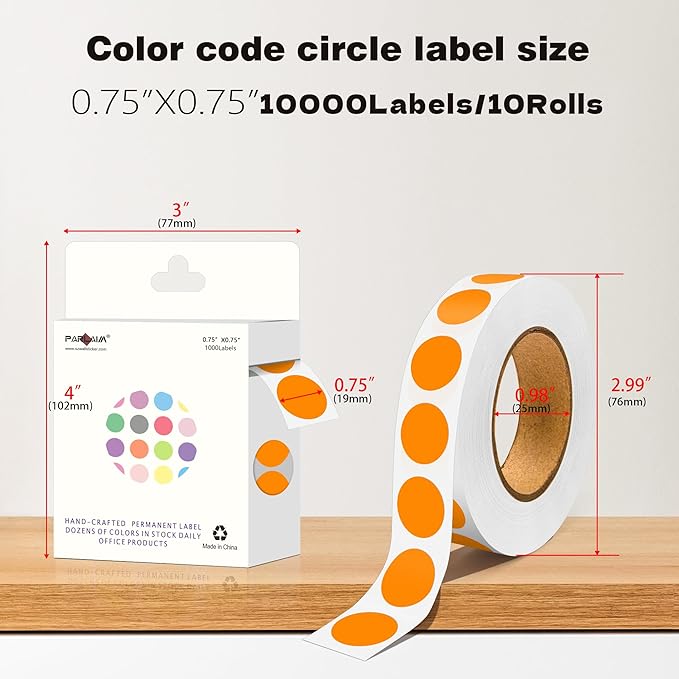 PARLAIM 10 Rolls 3/4" Dot Stickers, 10000 Pack Round Color-Code Circle Labels, Orange Sticker for Color Coding
