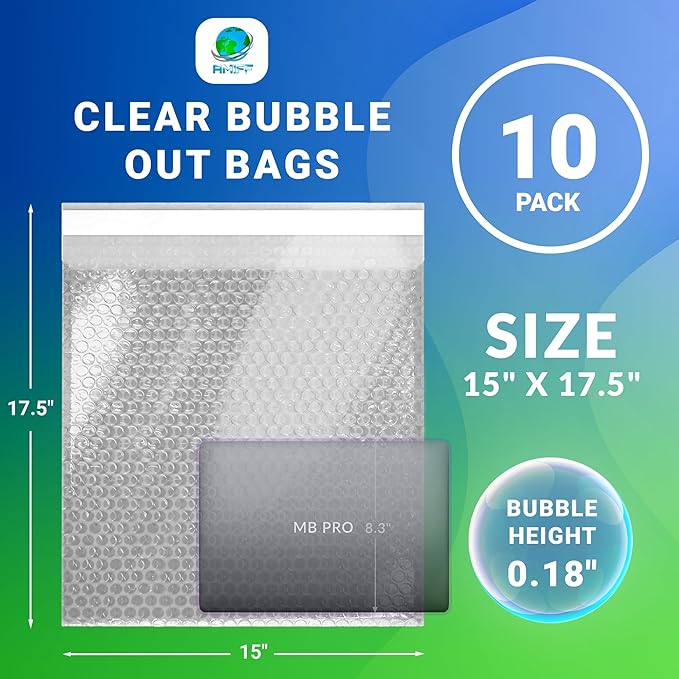 Clear Bubble Out Bags, 15 x 17.5 Inches. 10 Pack Self Seal Bubble Pouches. Polyethylene Clear Bubble Bags for Packing. Waterproof Clear Bubble Out Pouches for Fragile Things