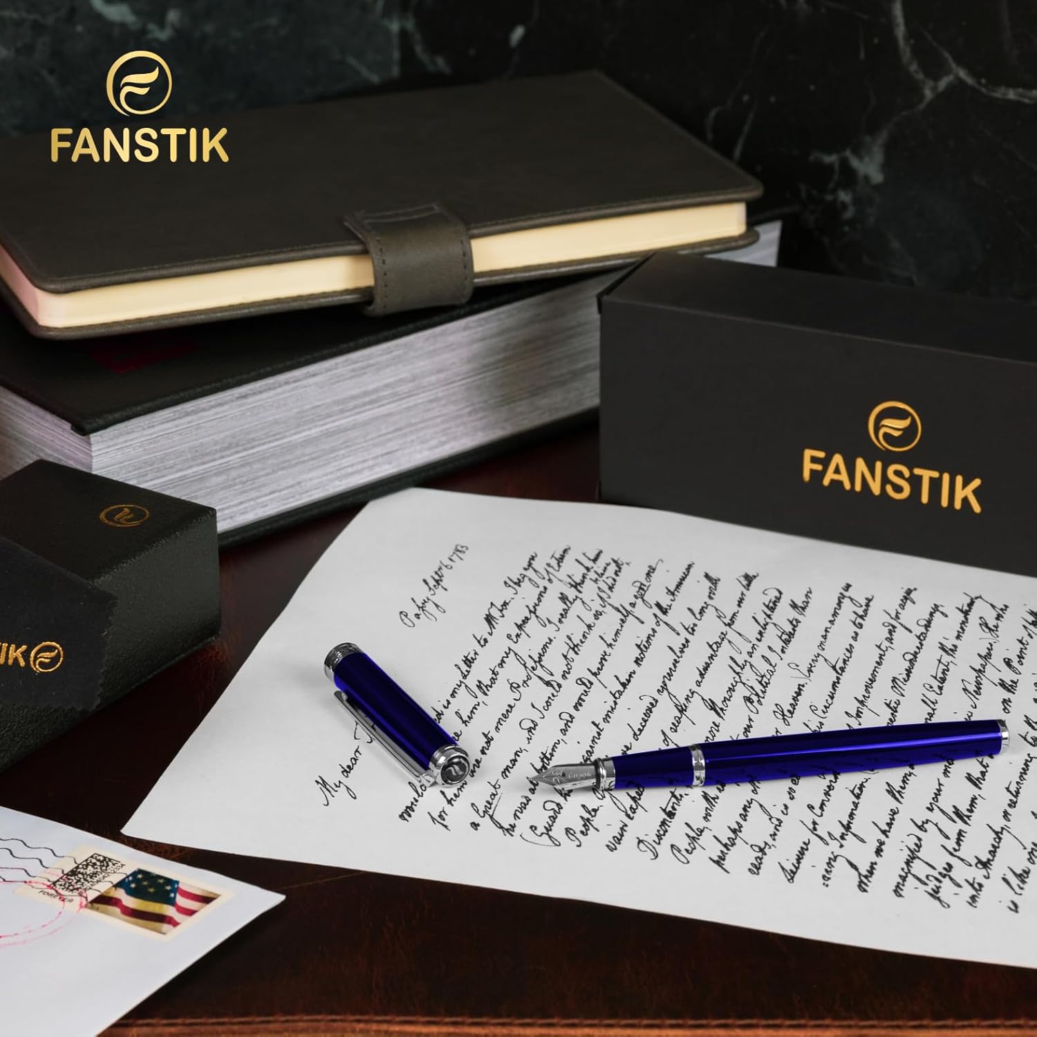 Blue Luxury fountain pen (Made In USA) fancy gift set for women, Real 24K Gold Plating, Professional executive pen gift set for men (Lux fountain Blue)