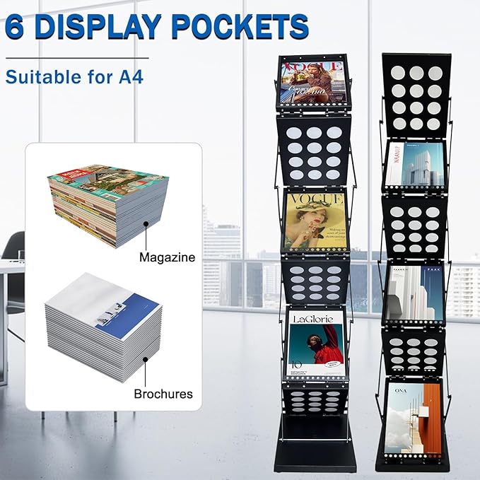 6 Pockets Foldable Magazine Rack, Pop up Brochure Display Stand, Catalog Literature Rack with Carrying Bag, Metal Magazine Display for Trade Show Office, A4 Size