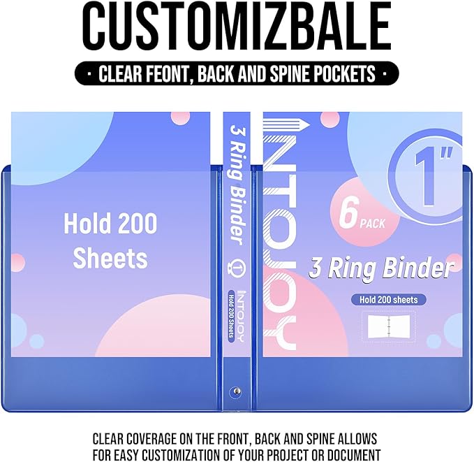3 Ring Binder 1 Inch, IntoJoy 6 Pack Clear View 3 Hole Binder PVC-Free Fits 8.5x11 Inch Paper Flexible Round Ring Binders for School Office Home Binder Supplies (Blue)