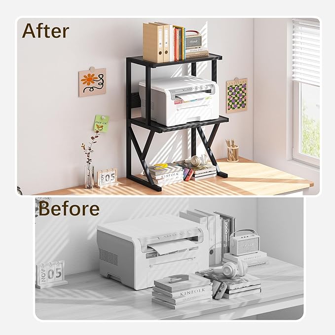 aboxoo Desktop Printer Stand with 3 Tier Wood Storage Shelves,Under Desk Printer Table,Multi-Purpose Home Office Desk Organizer for Fax Machine, Scanner (Black)