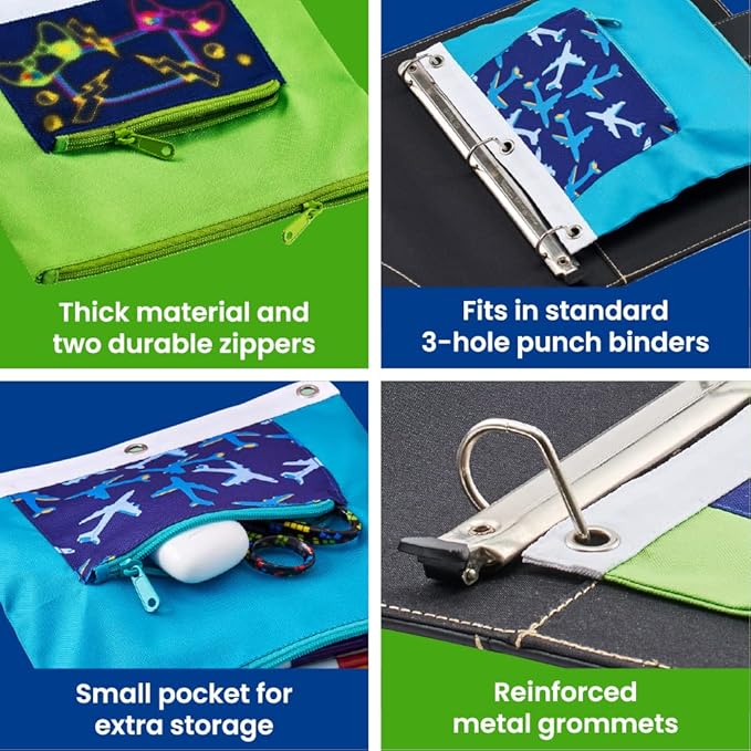 It's Academic Pencil Pouch for 3-Ring Binder, 2-Pockets with Zipper, for School Supplies, Large & Mini Pouch, Navy & Jets Design, 2-Pack