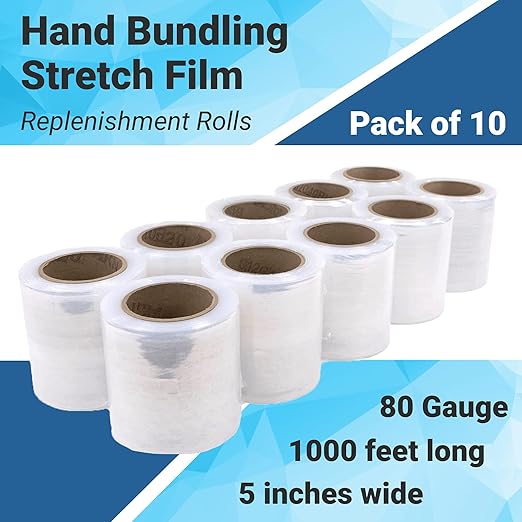 IDL Packaging 5" x 1000' Stretch Wrap Mini Roll of 80 Gauge (Pack of 10 Replenishment Rolls) - Extra Sticky Clear Plastic Wrap Film - Great Tear-Resistant Plastic Wrap for Moving and Office Needs