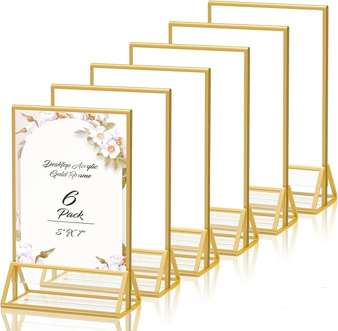 5X7 Gold Frames Double Sided Acrylic Sign Holder Tabletop Picture Frames Vertical Display Stand for Shop School Home,Set of 6