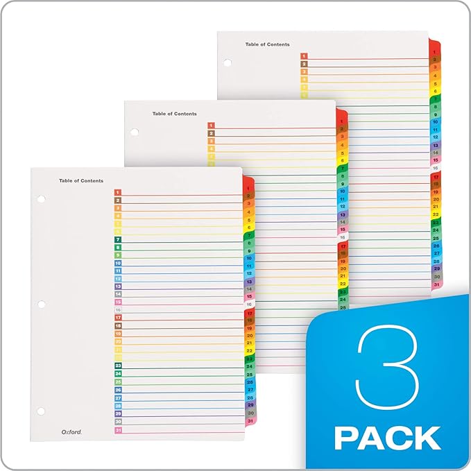 Oxford OneStep Binder Dividers, Dividers for 3 Ring Binder,Durable 31 Tab Daily Divider Sets, Numbered 1–31, Customizable Table of Contents, Reversible Multicolor Tabs, 3 Sets (89402)