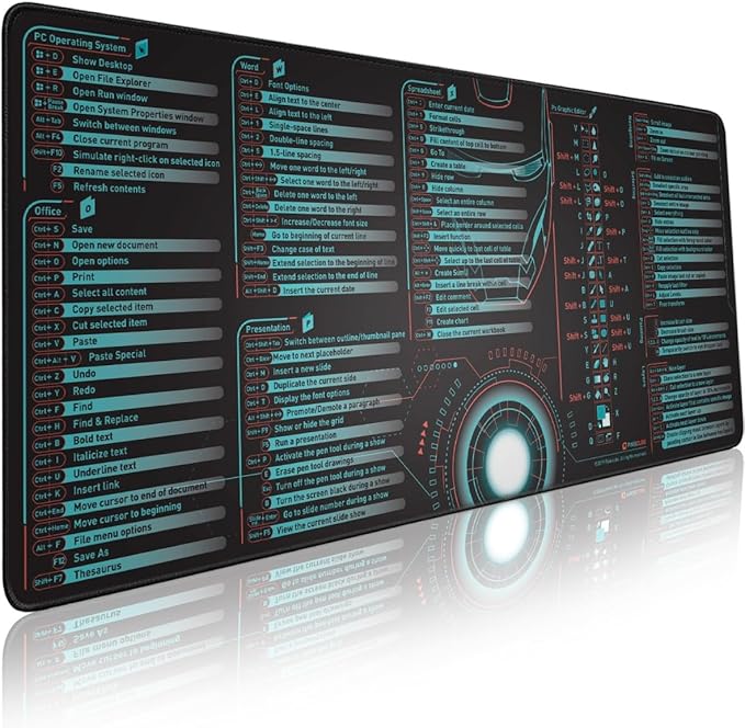 Windows, Office, Excel, Adobe Photoshop Shortcut Keys Extended Large Mouse Pad | Gaming Desk Mat for PC. Stitched Edge Non-Slip Base Mousepad, Keyboard Mat