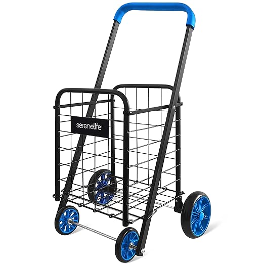 SereneLife Kids Utility/Shopping Cart with Rolling Swivel Front Wheels,66 lbs Capacity,Portable,Lightweight,Collapsible Compact Easy Folding Saves Space, Grocery,Laundry,Luggage with Your Child Blue