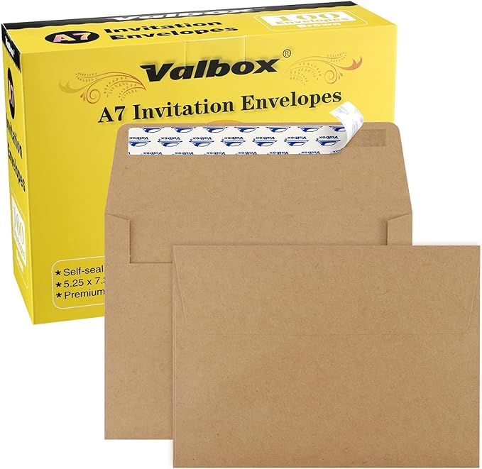 ValBox 5x7 Envelopes for Invitation 100 Qty A7 Envelopes Self Seal Brown, Kraft Paper Envelope for 5x7 Cards, Weddings, Baby Shower, Stationery, Office, 5.25 x 7.25 Inches