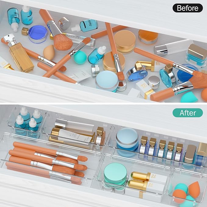 WOWBOX 9 Pack Clear Drawer Organizer Set, Acrylic Drawer Storage Trays, Storage Bins for Makeup, Cosmetics, Jewelries, Utensils, Gadgets, Office