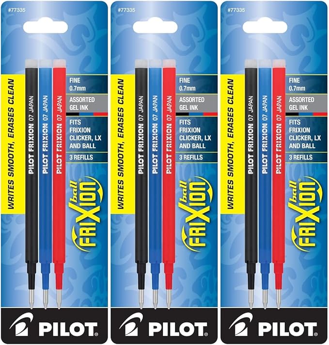 Pilot Gel Ink Refills for FriXion Erasable Gel Ink Pen, Fine Point, Assorted Ink, Pack of 9 (77335)