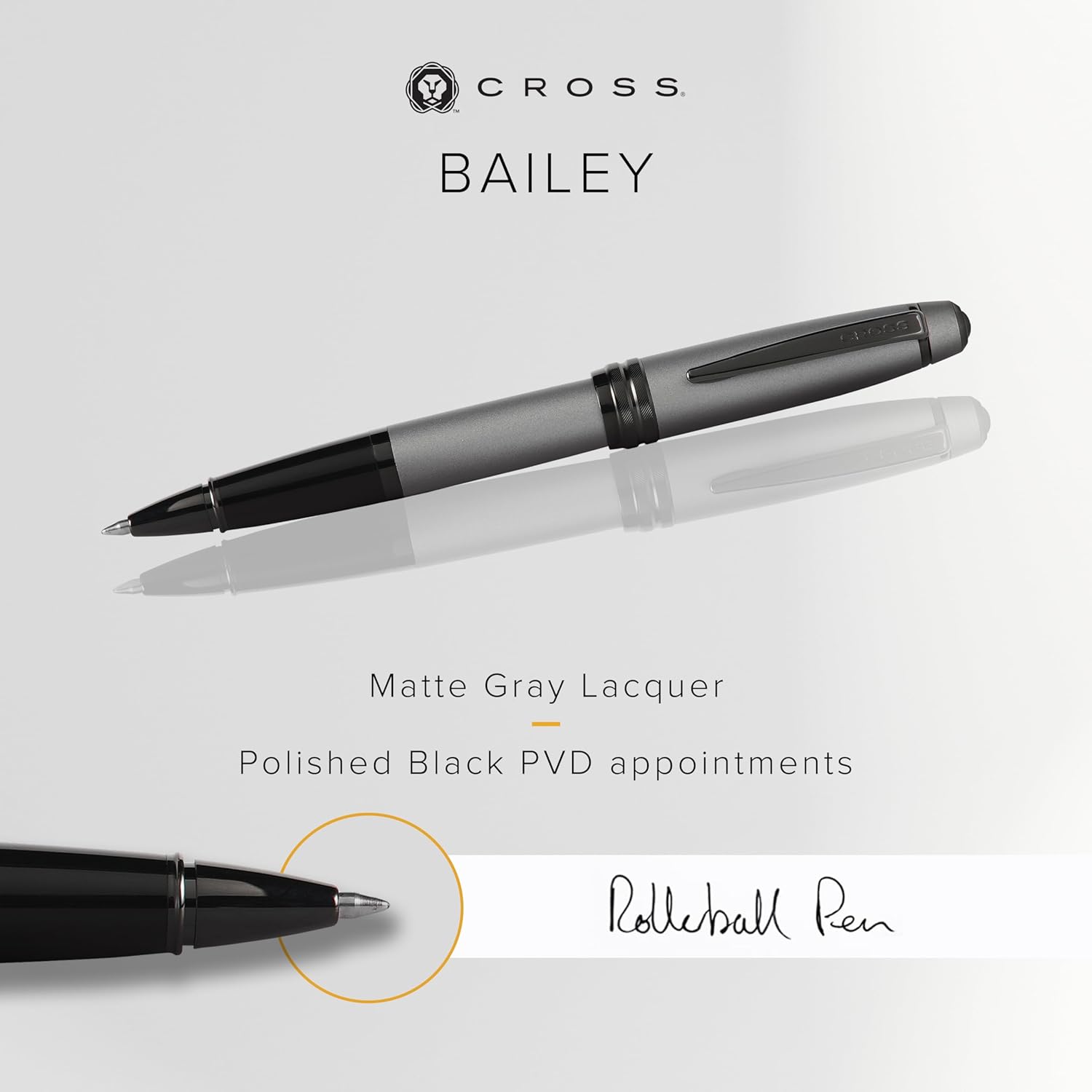 Cross Bailey Refillable Rollerball Pen Presented in a Premium Gift Box - Medium Point, Black Ink, Matte Gray