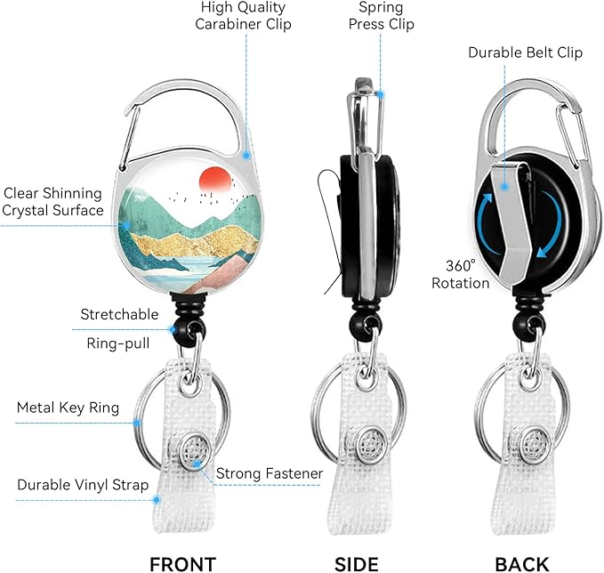 Mountain Badge Holder with Retractable Reel and Breakaway Lanyard，Badge Clips Retractable Heavy Duty Badge Reel，Keychain，ID Holder with Breakaway Lanyard for School Nurse Office