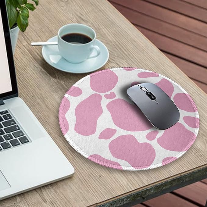 Cute Cow Print Round Mouse Pad, Small Mousepad for Laptop Gaming Women, with Stitched Edge Non-Slip Rubber Base, Cute Home Office Decor Desk Accessories Office Supplies Gift for Women Teen Girls