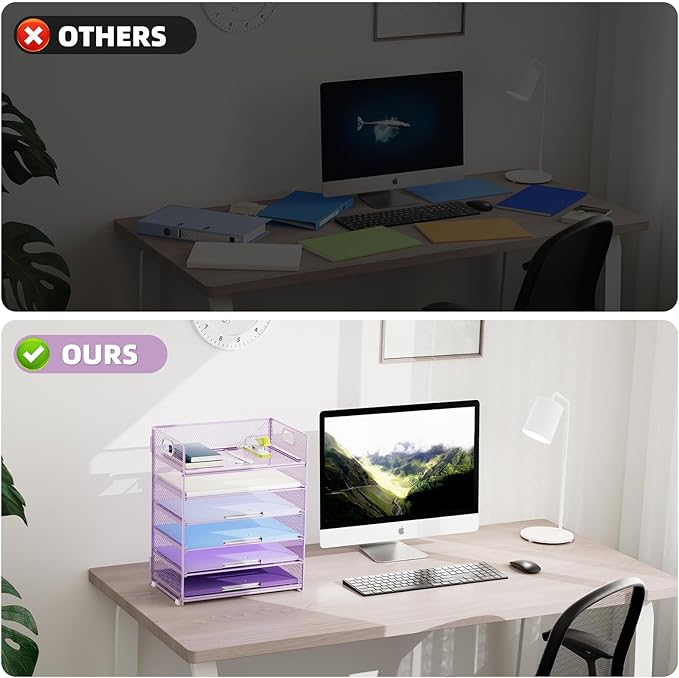 Marbrasse 6 Tier Paper Organizer - Mesh Desk File Holder with Handle, Letter/A4 Paper Sorter - Purple