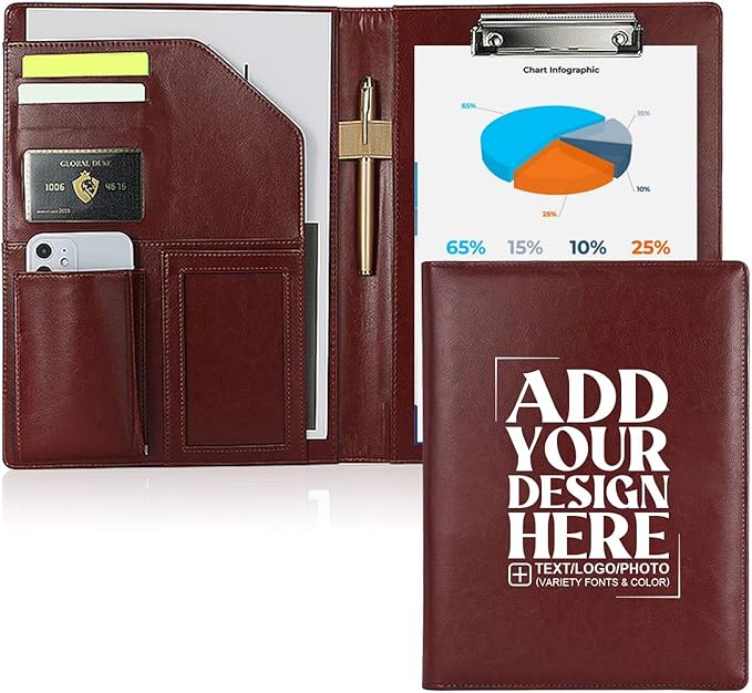 Personalized Padfolio - Customized Leather Portfolio with Logo or Text - Professional Business Portfolio with A4/US Letter Writing Pad Holder for Resumes and Interviews, Brown