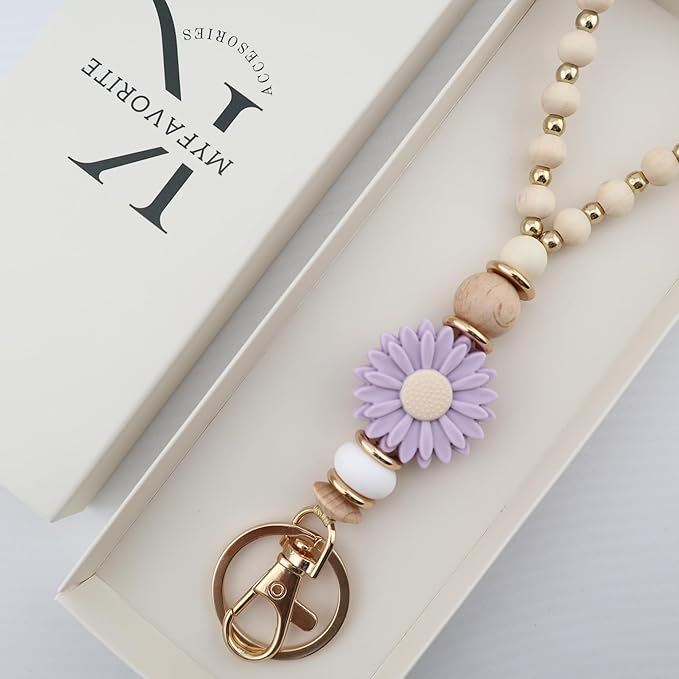 Wooden Teacher Lanyards for Id Badge Cute Flower Wood and Gold Beaded Lanyards for Women for Nurse Badge