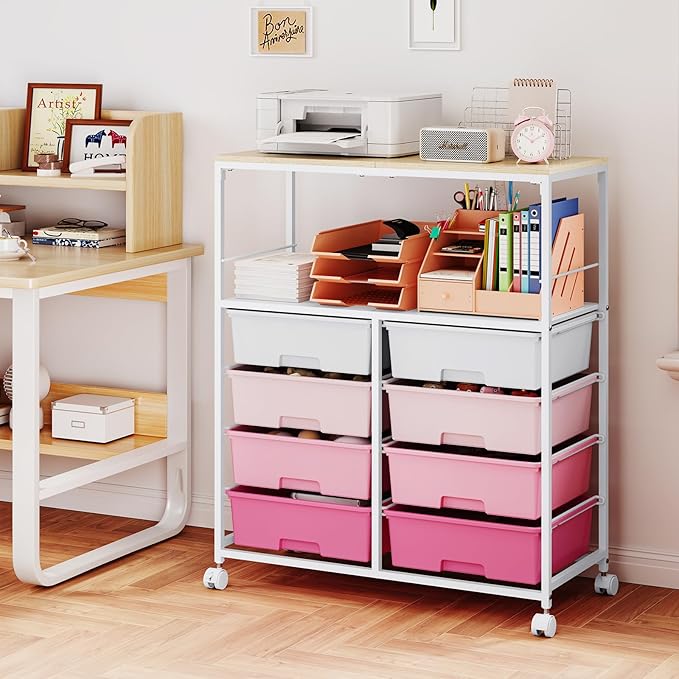 8 Drawers Rolling Storage Cart with Wooden Top, Multipurpose Utility Cart with Opening Shelf & Lockable Wheels, Storage Drawer Cart Organizer for Home Office Craft Room Classroom, Pink