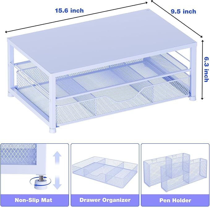 Desk Organizers and Accessories, 2-Tier Computer Monitor Stand for Desk Organizer with Drawer and 2 Pen Holders, Office Desk Accessories Workspace Desktop Organizers for Office Supplies, Blue