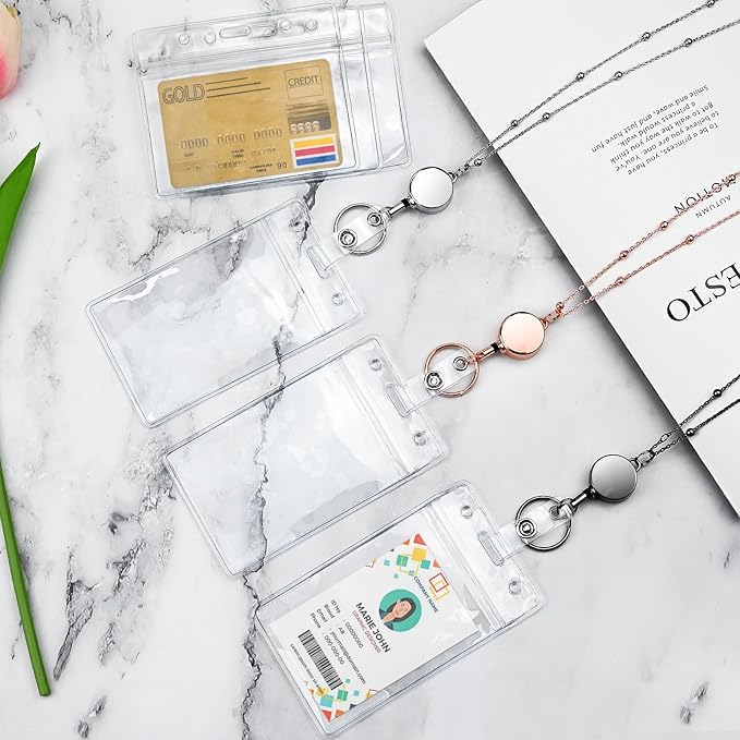 3 Pack Retractable Badge Reel Lanyard with 6 Pcs Waterproof ID Holder Retractable Stainless Steel Badge Reel Lanyard with ID Holder for Girl Women Teacher Adults (Black, Silver, Rose Gold)