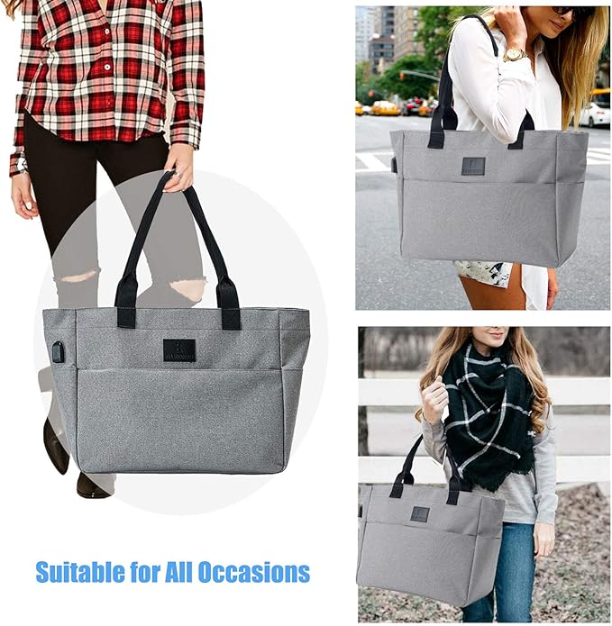 Tote Bag for Women Large Work Bags Laptop 15.6-17 Inch Handbag Purse Book Bag with Zipper for Nurse Teacher School,Grey