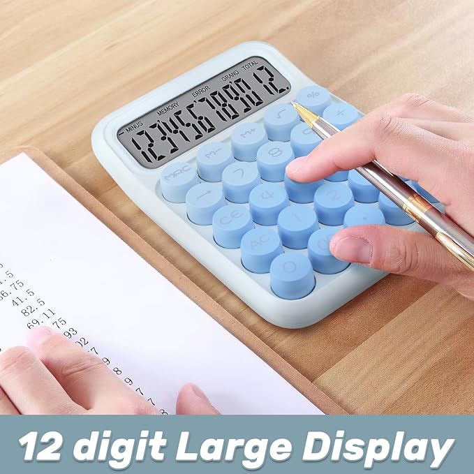 Mechanical Switch Calculator with Big Buttons, 12 Digits, Large LCD Display, Cute Pink Desktop Calculator, Aesthetic School Supplies for Office, School, Home & Business Use, Automatic Sleep (Blue)