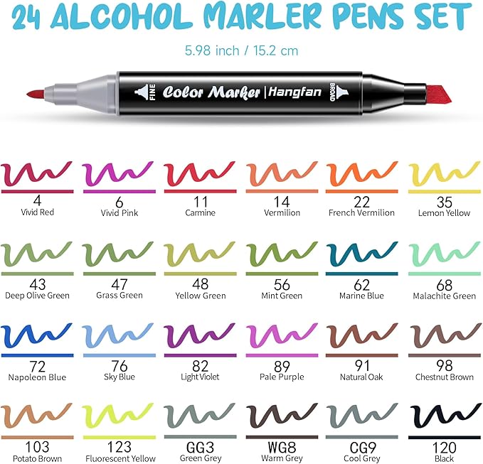 24 Colors Coloring,Markers for Kids,Dual Brush Tip Markers,Give 1 White Highlighter,1 Tracing Pen,Drawing, Sketching, Card Making and Illustration (Black Pen Container)