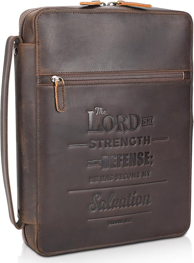 Polare Full Grain Cowhide Leather Bible Cover Church Bag Bible Protective Book Holder Carrying Case Folder Organizer Portfolio (Dark Brown(Lord is My Strength & Defense))
