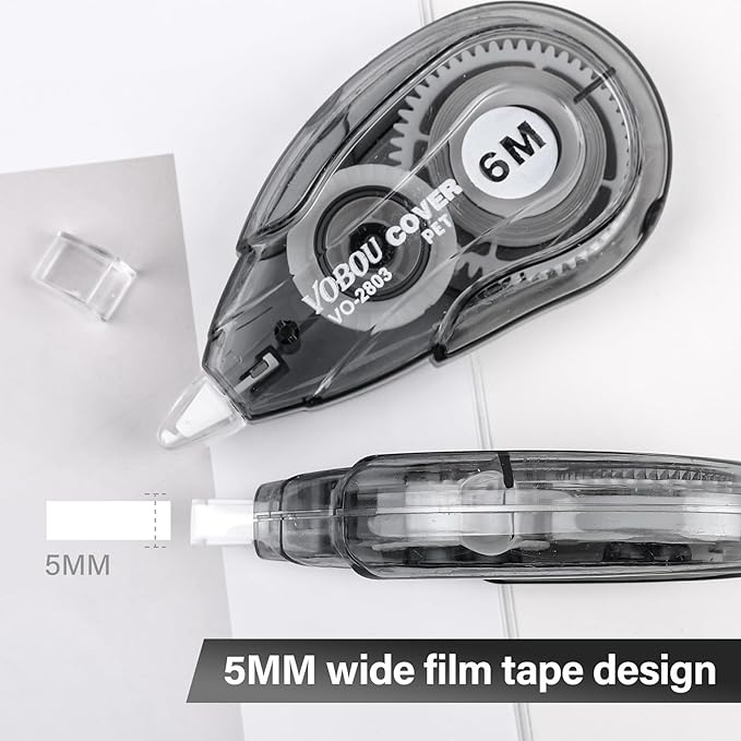 White Correction Tape, Easy To Use Applicator for Instant Corrections Wrong Writing At Any Time, For school, Office (Black, 12pack, 6M/256"x 0.2")