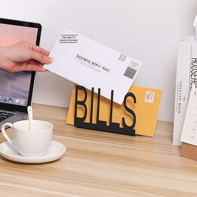 MyGift Black Metal Desktop Mail Sorter Organizer with Bills in Block Cut Out Letter Design