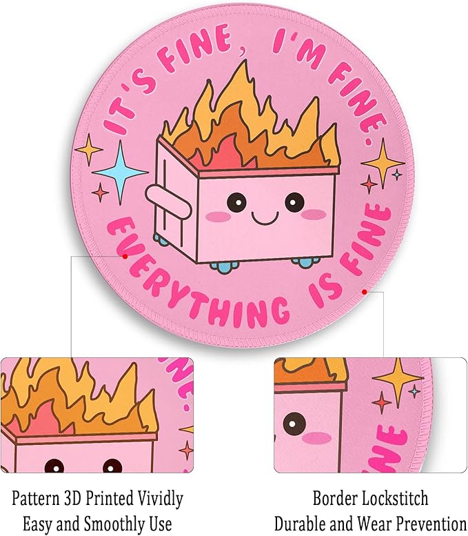 Funny Round Mouse Pad for Desk, Cute Office Decor for Women, Dumpster on Fire Small Mousepad，Stitched Edge Non-Slip Rubber Base, Personalized Computer Mouse Pads for Wireless Mouse，Desk Accessories