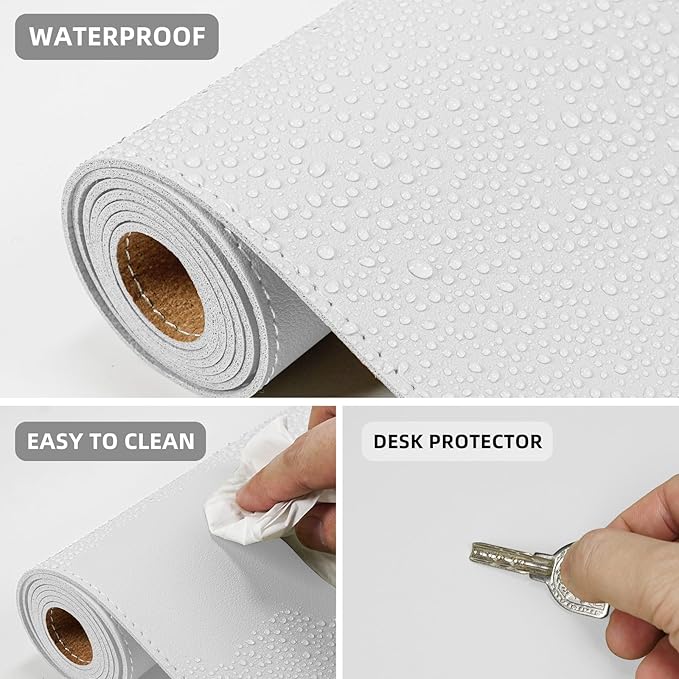 Leather Desk pad Protector, Large Desk mat with Natural Cork & PU Leather,Mouse pad,Non-Slip Office Desk Mat,Waterproof Desk Writing Pad for Office and Home (47in*17in, Ivory White)