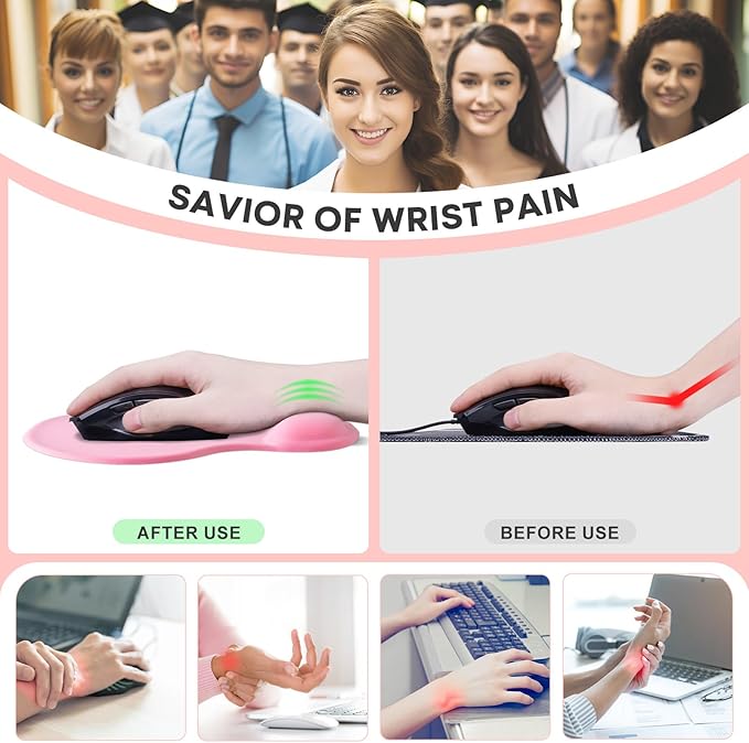 JIKIOU Mouse Pad, 2 Pack Ergonomic Mouse Pads with Comfortable Gel Wrist Rest Support and Lycra Cloth, Non-Slip PU Base for Easy Typing Pain Relief Durable and Easy to Clean Small Pink