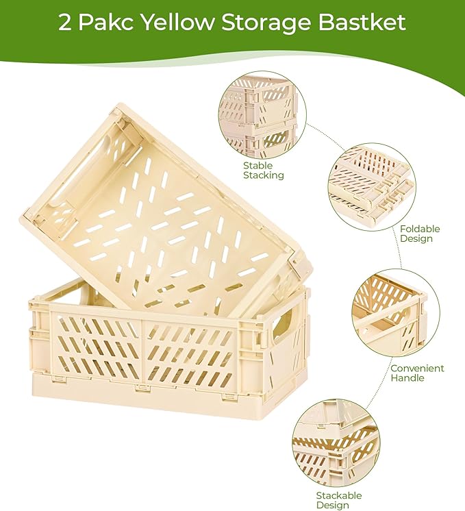 2-Pack Small Pastel Plastic Storage Baskets, Collapsible Crates for Organizing, Space-Saving Mini Bins for Classroom, Kitchen, Office, Bedroom (Yellow, 9.8" x 6.5" x 3.8")