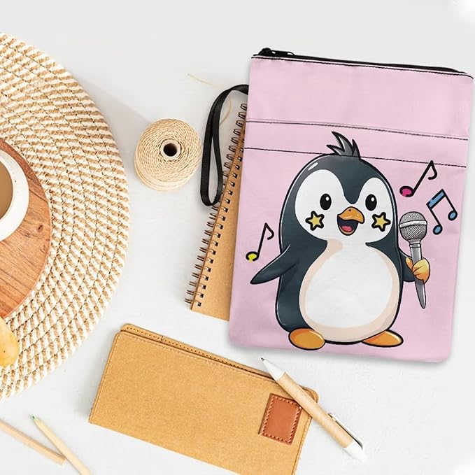 COEQINE Singing Penguin Book Covers for Paperbacks 9x11 Teens Girls Book Sleeves Pink Book Sleeves for Book Lovers Portable Chain Front Pocket